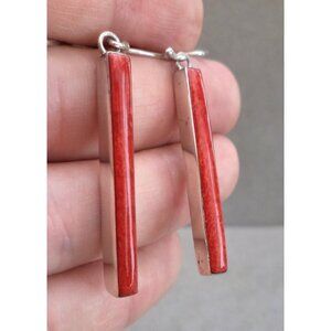 Vintage LONG Skinny RED CORAL in Sterling Silver DANGLE EARRINGS 2" Rectangular